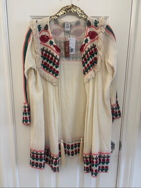 Forever 21 Cream Embroidered Long Sleeve Boho Cardigan with Red & Green Accents